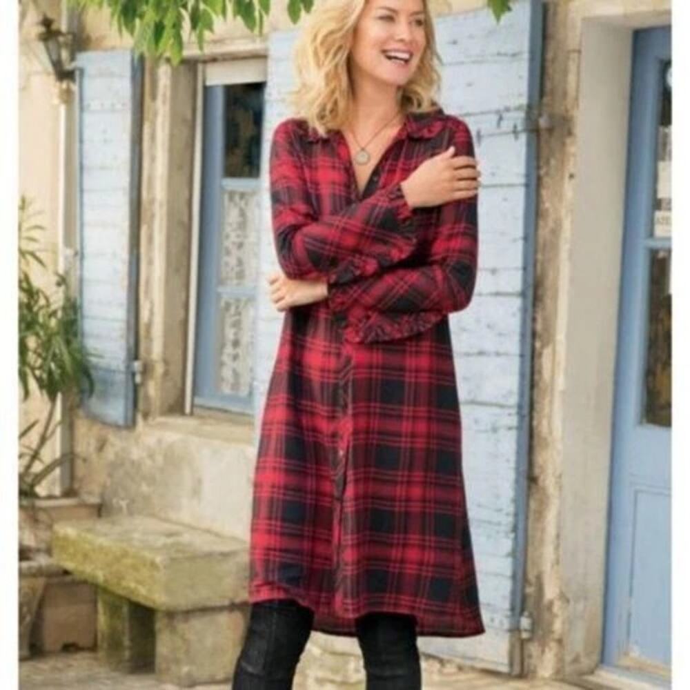Soft Surroundings Women's Bennington Black Red Plaid Ruffle Shirtdress Dress PXS